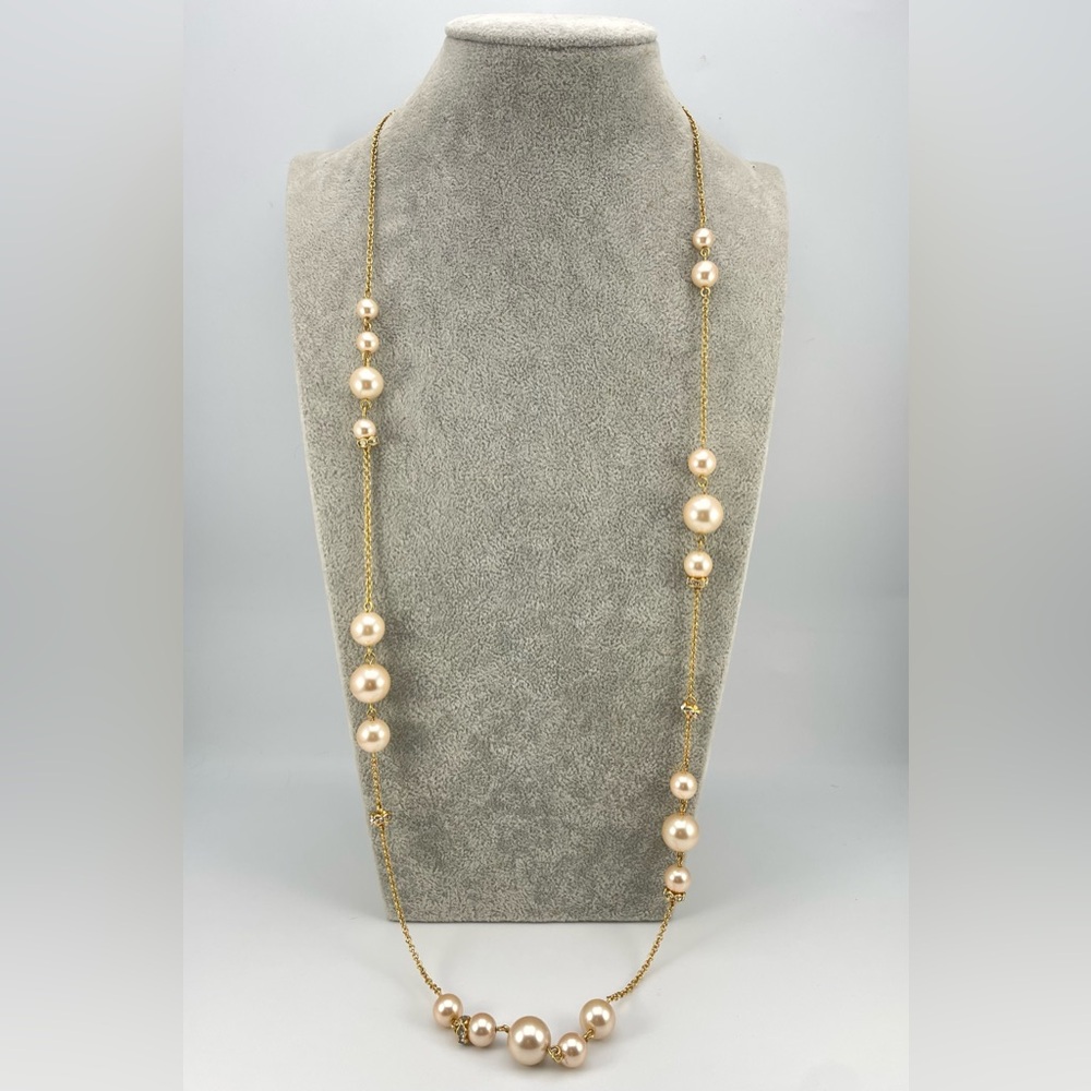 Elegant J.Crew Gold-Tone Pearl Station Necklace with Crystals 36” Toggle Clasp